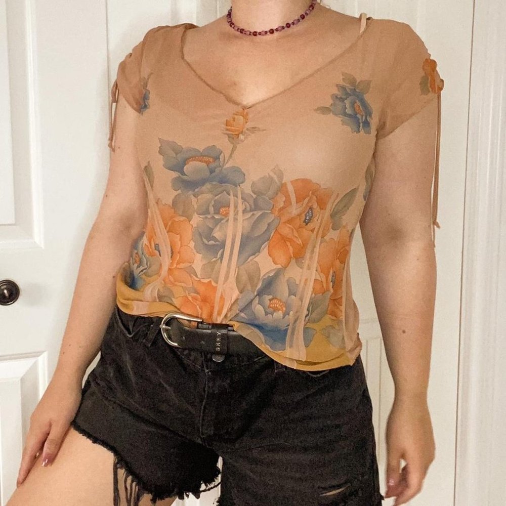 HEART MOON STAR floral tattoo print short sleeve blouse